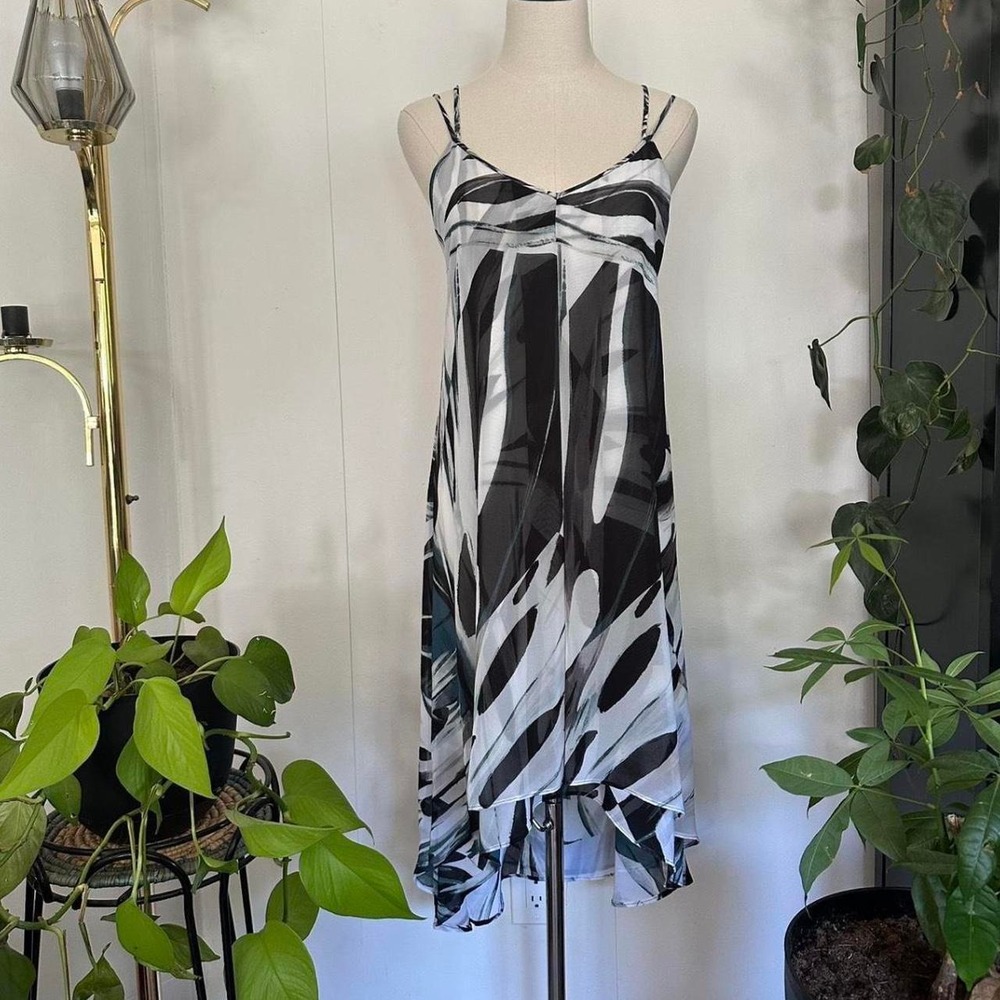 White House Black Market Midi Dress Black Green White Tie Dye Print Size 8 NEW